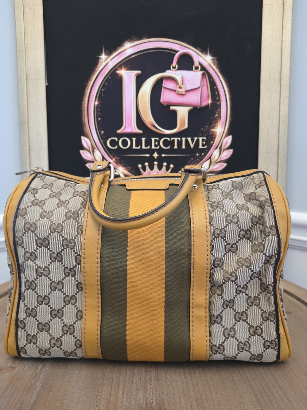 Gucci Vintage Web Medium Boston GG Canvas Yellow Green Bag